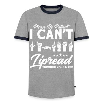 Hearing aid Sign language Deaf people - Men's Ringer Shirt - grey/navy  - Front - AI Model Female 172 light (172cm) & AI Model Male 178 light (178cm)