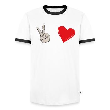 Peace Love Bongo Drums Funny Percussion - Men's Ringer Shirt - white/black - Front - AI Model Female 172 light (172cm) & AI Model Male 178 dark (178cm)