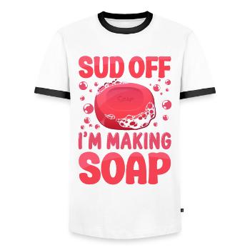 Soap Making Crafting Sud Off I'm - Men's Ringer Shirt - white/black - Front - AI Model Female 172 light (172cm) & AI Model Male 178 dark (178cm)
