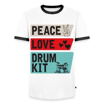 Peace Love Drum Kit Drummer Drum Kit - Men's Ringer Shirt - white/black - Front - AI Model Female 172 light (172cm) & AI Model Male 178 dark (178cm)
