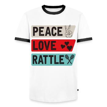 Peace Love Rattle Musical Instrument - Men's Ringer Shirt - white/black - Front - AI Model Female 172 light (172cm) & AI Model Male 178 dark (178cm)