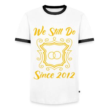 10th Wedding Anniversary Couple Design 10 Years of Marriage - Men's Ringer Shirt - white/black - Front - AI Model Female 172 light (172cm) & AI Model Male 178 dark (178cm)