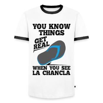 You see La Chancla Spanish Mexican - Men's Ringer Shirt - white/black - Front - AI Model Female 172 light (172cm) & AI Model Male 178 dark (178cm)