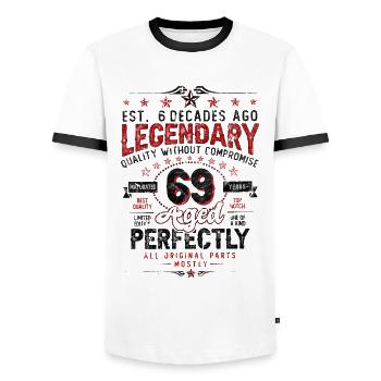 Vintage Legendary - Aged perfectly 69th birthday - Men's Ringer Shirt - white/black - Front - AI Model Female 172 light (172cm) & AI Model Male 178 dark (178cm)