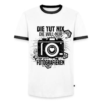Elle ne fait rien, elle veut juste photographier la photographie - T-shirt contrasté Homme - blanc/noir - Devant - AI Model Female 172 light (172cm) & AI Model Male 178 dark (178cm)