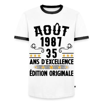 35 Ans Anniversaire Vintage Né(e) en Août 1987 - T-shirt contrasté Homme - blanc/noir - Devant - AI Model Female 172 light (172cm) & AI Model Male 178 dark (178cm)