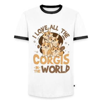 Ich liebe alle Corgis der Welt - Männer Kontrast-T-Shirt - Weiß/Schwarz - Vorne - AI Model Female 172 light (172cm) & AI Model Male 178 dark (178cm)