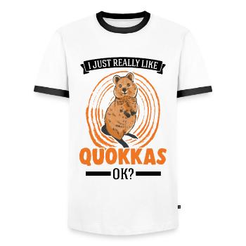 I just really like Quokkas, ok Short-tailed Kangaroo - Men's Ringer Shirt - white/black - Front - AI Model Female 172 light (172cm) & AI Model Male 178 dark (178cm)