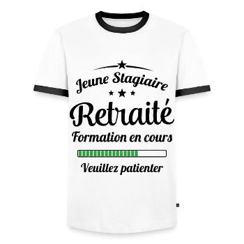 Jeune Stagiaire Retraité Citation Humour - T-shirt contrasté Homme - blanc/noir - Devant - AI Model Female 172 light (172cm) & AI Model Male 178 dark (178cm)