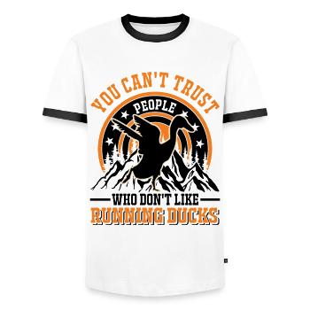 Indian Running Gift Running Duck - Men's Ringer Shirt - white/black - Front - AI Model Female 172 light (172cm) & AI Model Male 178 dark (178cm)