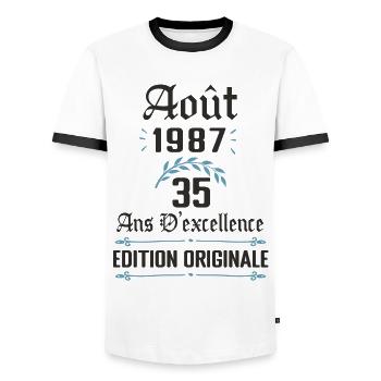 35 ans anniversaire aout 1987 - T-shirt contrasté Homme - blanc/noir - Devant - AI Model Female 172 light (172cm) & AI Model Male 178 dark (178cm)