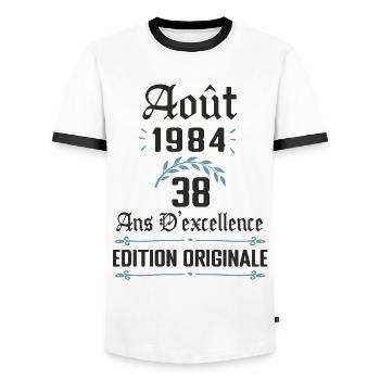 38 ans anniversaire aout 1984 - T-shirt contrasté Homme - blanc/noir - Devant - AI Model Female 172 light (172cm) & AI Model Male 178 dark (178cm)