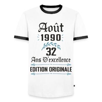 32 ans anniversaire aout 1990 - T-shirt contrasté Homme - blanc/noir - Devant - AI Model Female 172 light (172cm) & AI Model Male 178 dark (178cm)