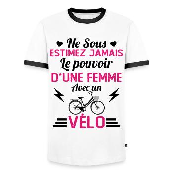 Une Femme Avec un vélo cadeau pour cycliste - T-shirt contrasté Homme - blanc/noir - Devant - AI Model Female 172 light (172cm) & AI Model Male 178 dark (178cm)