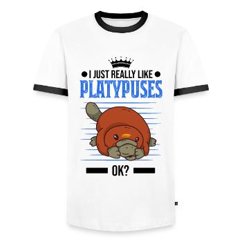 I just really like Platypuses ok Schnabeltier - Men's Ringer Shirt - white/black - Front - AI Model Female 172 light (172cm) & AI Model Male 178 dark (178cm)