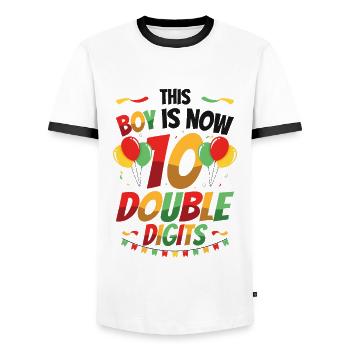 This boy is now 10 double digit birthday - Men's Ringer Shirt - white/black - Front - AI Model Female 172 light (172cm) & AI Model Male 178 dark (178cm)