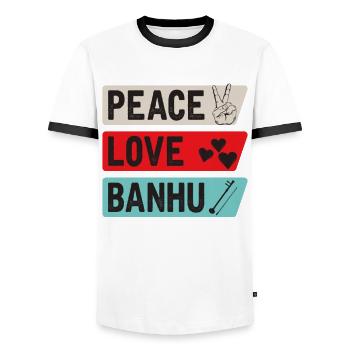 Peace Love Banhu Stringed Instrument - Men's Ringer Shirt - white/black - Front - AI Model Female 172 light (172cm) & AI Model Male 178 dark (178cm)