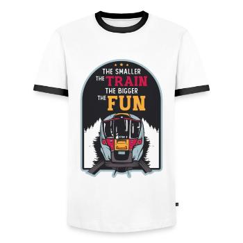 Smaller the train, the larger the model railway - Men's Ringer Shirt - white/black - Front - AI Model Female 172 light (172cm) & AI Model Male 178 dark (178cm)
