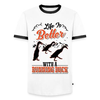 Life is better with a Running Duck Laufente - Men's Ringer Shirt - white/black - Front - AI Model Female 172 light (172cm) & AI Model Male 178 dark (178cm)