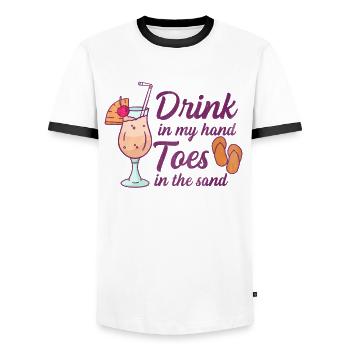Drink in my Hand Toes in the Sand Strand Urlaubs - Männer Kontrast-T-Shirt - Weiß/Schwarz - Vorne - AI Model Female 172 light (172cm) & AI Model Male 178 dark (178cm)
