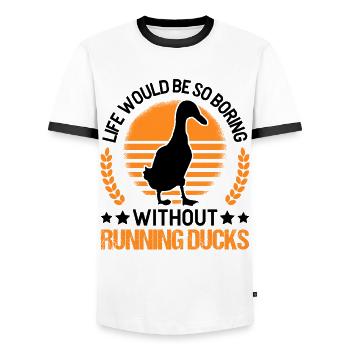 Indian Running Gift Running Duck - Men's Ringer Shirt - white/black - Front - AI Model Female 172 light (172cm) & AI Model Male 178 dark (178cm)