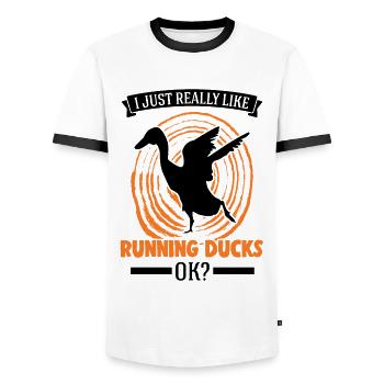 I just really like Running Ducks, ok Laufente - Men's Ringer Shirt - white/black - Front - AI Model Female 172 light (172cm) & AI Model Male 178 dark (178cm)