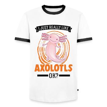 J’aime vraiment Axolotls, ok Tail Lurch - T-shirt contrasté Homme - blanc/noir - Devant - AI Model Female 172 light (172cm) & AI Model Male 178 dark (178cm)