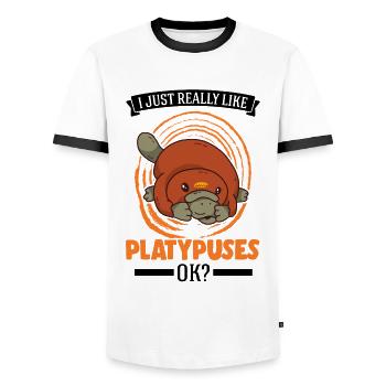 I just really like Platypuses, ok Platypus - Men's Ringer Shirt - white/black - Front - AI Model Female 172 light (172cm) & AI Model Male 178 dark (178cm)