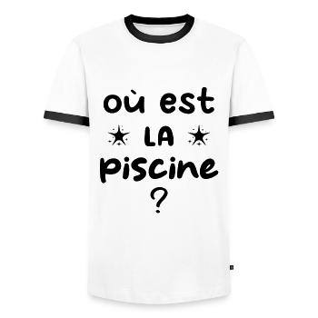 où est la piscine - T-shirt contrasté Homme - blanc/noir - Devant - AI Model Female 172 light (172cm) & AI Model Male 178 dark (178cm)