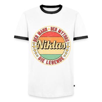 Niklas Der Mann Der Mythos Die Legende - Männer Kontrast-T-Shirt - Weiß/Schwarz - Vorne - AI Model Female 172 light (172cm) & AI Model Male 178 dark (178cm)