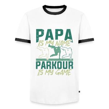 Parkour Papa Run Jump Flip Freerunning Acrobatics - Men's Ringer Shirt - white/black - Front - AI Model Female 172 light (172cm) & AI Model Male 178 dark (178cm)