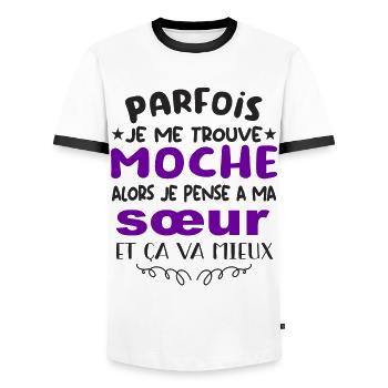 parfois je me trouve moche alors je pense à sœur - T-shirt contrasté Homme - blanc/noir - Devant - AI Model Female 172 light (172cm) & AI Model Male 178 dark (178cm)