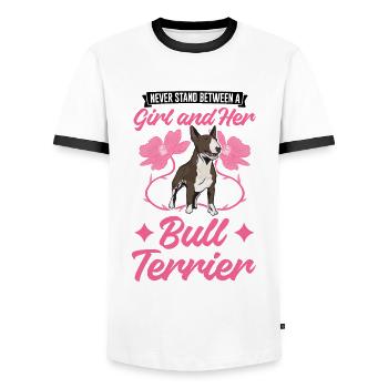 Bull Terrier Fille Miniature Bull Terrier - T-shirt contrasté Homme - blanc/noir - Devant - AI Model Female 172 light (172cm) & AI Model Male 178 dark (178cm)