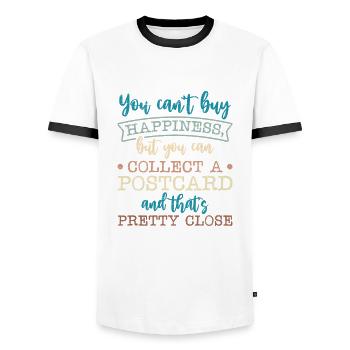 Deltiology card Colleting Deltiologist postcard - Men's Ringer Shirt - white/black - Front - AI Model Female 172 light (172cm) & AI Model Male 178 dark (178cm)