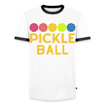 Pickleball design for Pickleball players or - Men's Ringer Shirt - white/black - Front - AI Model Female 172 light (172cm) & AI Model Male 178 dark (178cm)
