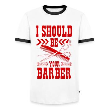 Coiffeur barbier - T-shirt contrasté Homme - blanc/noir - Devant - AI Model Female 172 light (172cm) & AI Model Male 178 dark (178cm)