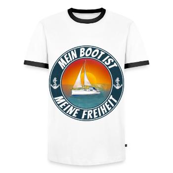 Mein Boot ist meine Freiheit Segelboot - Männer Kontrast-T-Shirt - Weiß/Schwarz - Vorne - AI Model Female 172 light (172cm) & AI Model Male 178 dark (178cm)