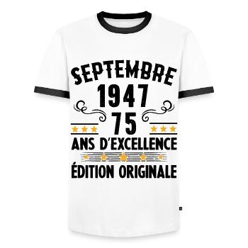 75 Ans Anniversaire Vintage Né(e) Septembre 1947 - T-shirt contrasté Homme - blanc/noir - Devant - AI Model Female 172 light (172cm) & AI Model Male 178 dark (178cm)