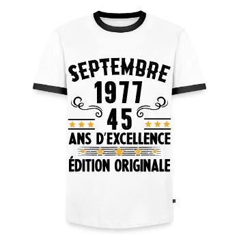 45 Ans Anniversaire Vintage Né(e) Septembre 1977 - T-shirt contrasté Homme - blanc/noir - Devant - AI Model Female 172 light (172cm) & AI Model Male 178 dark (178cm)