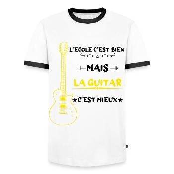 l'école c'est bien mais la guitar c'est mieux - T-shirt contrasté Homme - blanc/noir - Devant - AI Model Female 172 light (172cm) & AI Model Male 178 dark (178cm)
