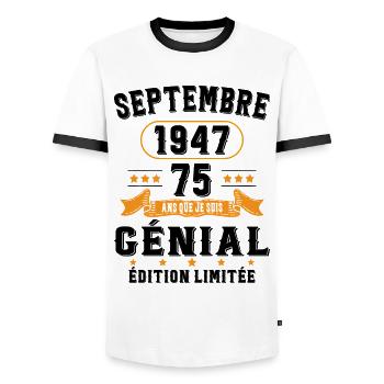 75 Ans Anniversaire Vintage Né(e) Septembre 1947 - T-shirt contrasté Homme - blanc/noir - Devant - AI Model Female 172 light (172cm) & AI Model Male 178 dark (178cm)