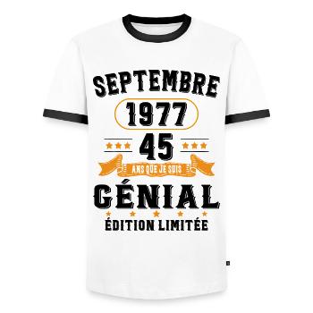45 Ans Anniversaire Vintage Né(e) Septembre 1977 - T-shirt contrasté Homme - blanc/noir - Devant - AI Model Female 172 light (172cm) & AI Model Male 178 dark (178cm)