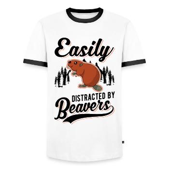 Easily distracted by Beavers Beaver - Men's Ringer Shirt - white/black - Front - AI Model Female 172 light (172cm) & AI Model Male 178 dark (178cm)