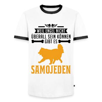 Samojede Engel Schlittenhund Samojeden - Männer Kontrast-T-Shirt - Weiß/Schwarz - Vorne - AI Model Female 172 light (172cm) & AI Model Male 178 dark (178cm)