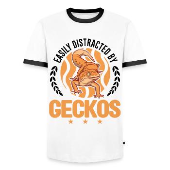 Easily distracted by Geckos Leopardgecko - Männer Kontrast-T-Shirt - Weiß/Schwarz - Vorne - AI Model Female 172 light (172cm) & AI Model Male 178 dark (178cm)