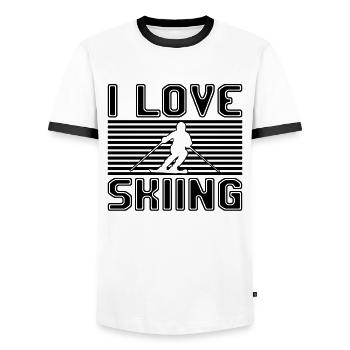 I love skiing - Men's Ringer Shirt - white/black - Front - AI Model Female 172 light (172cm) & AI Model Male 178 dark (178cm)