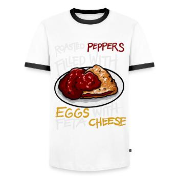 Roasted Peppers Filled Eggs Feta Cheese - Men's Ringer Shirt - white/black - Front - AI Model Female 172 light (172cm) & AI Model Male 178 dark (178cm)