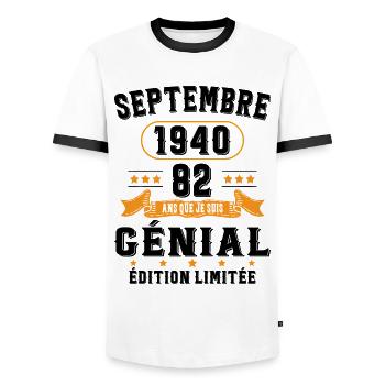 82 Ans Anniversaire Vintage Né(e) Septembre 1940 - T-shirt contrasté Homme - blanc/noir - Devant - AI Model Female 172 light (172cm) & AI Model Male 178 dark (178cm)