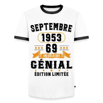 69 Ans Anniversaire Vintage Né(e) Septembre 1953 - T-shirt contrasté Homme - blanc/noir - Devant - AI Model Female 172 light (172cm) & AI Model Male 178 dark (178cm)