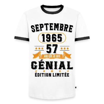 57 Ans Anniversaire Vintage Né(e) Septembre 1965 - T-shirt contrasté Homme - blanc/noir - Devant - AI Model Female 172 light (172cm) & AI Model Male 178 dark (178cm)